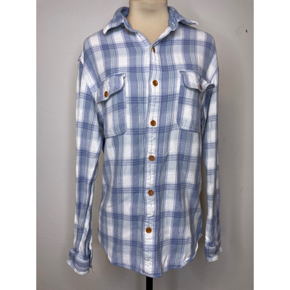 Faherty Mens Flannel Shirt Plaid Organic Cotton Sustainable Small Blue White